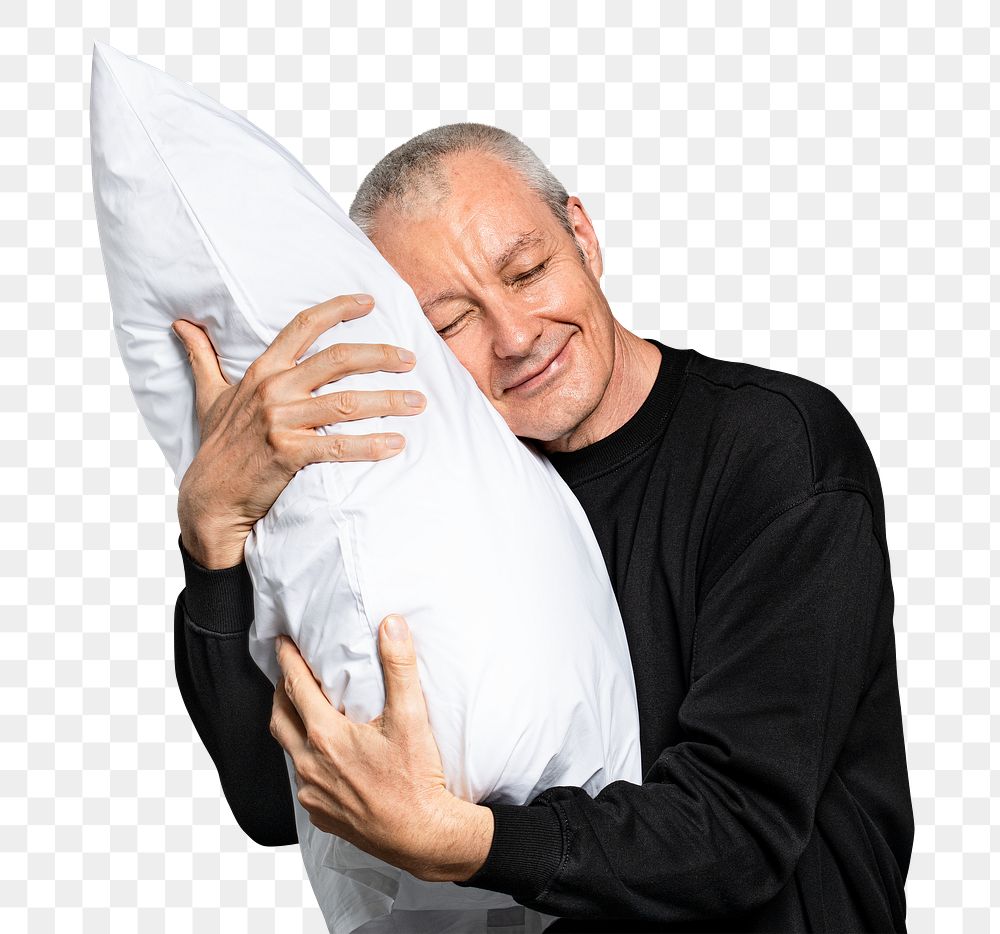Old man png mockup hugging a pillow