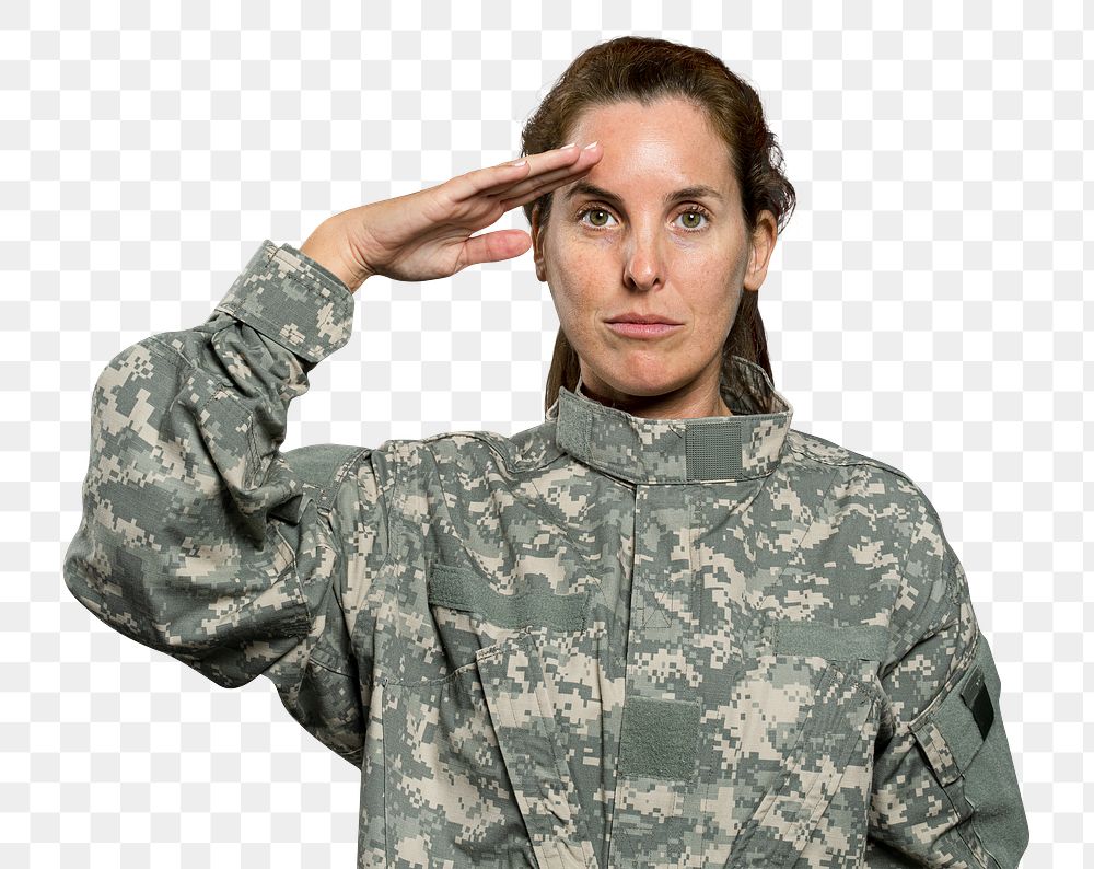 Female soldier png mockup making a salute gesture