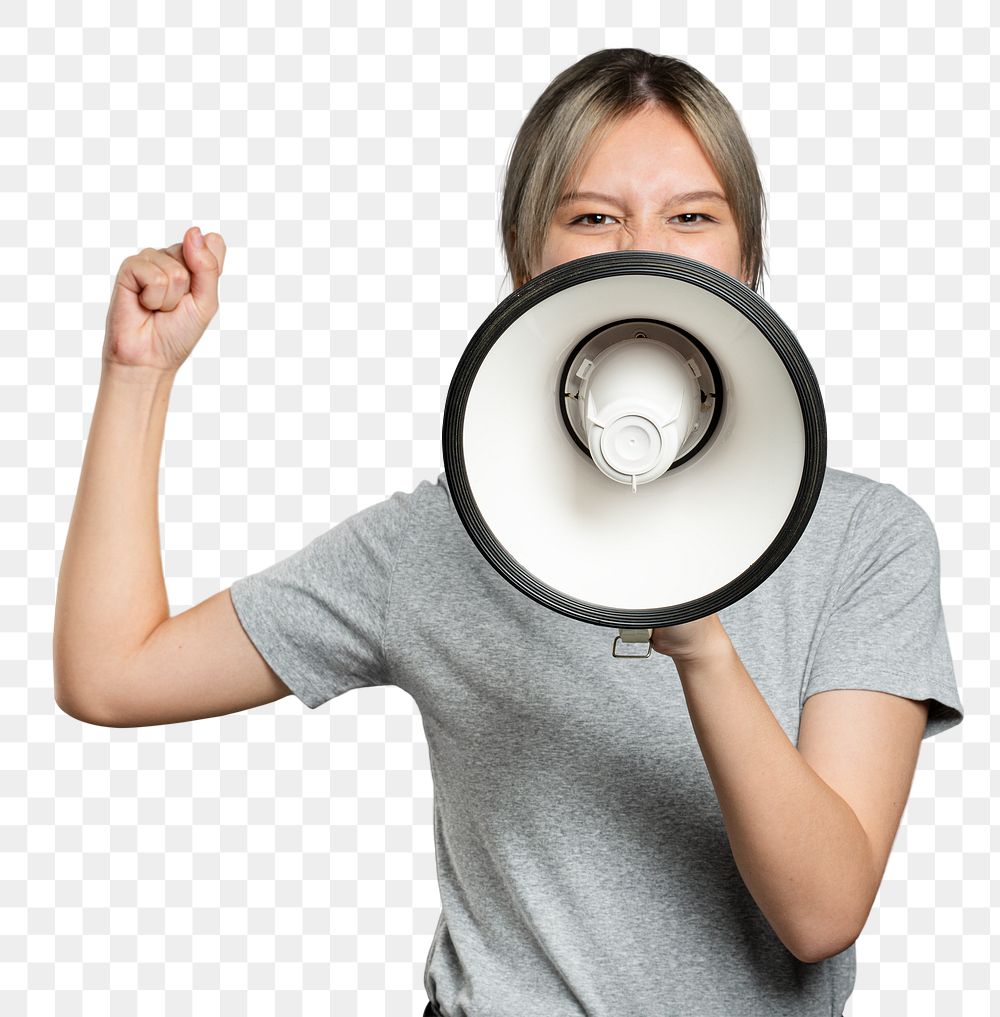 Female activist png mockup with a megaphone