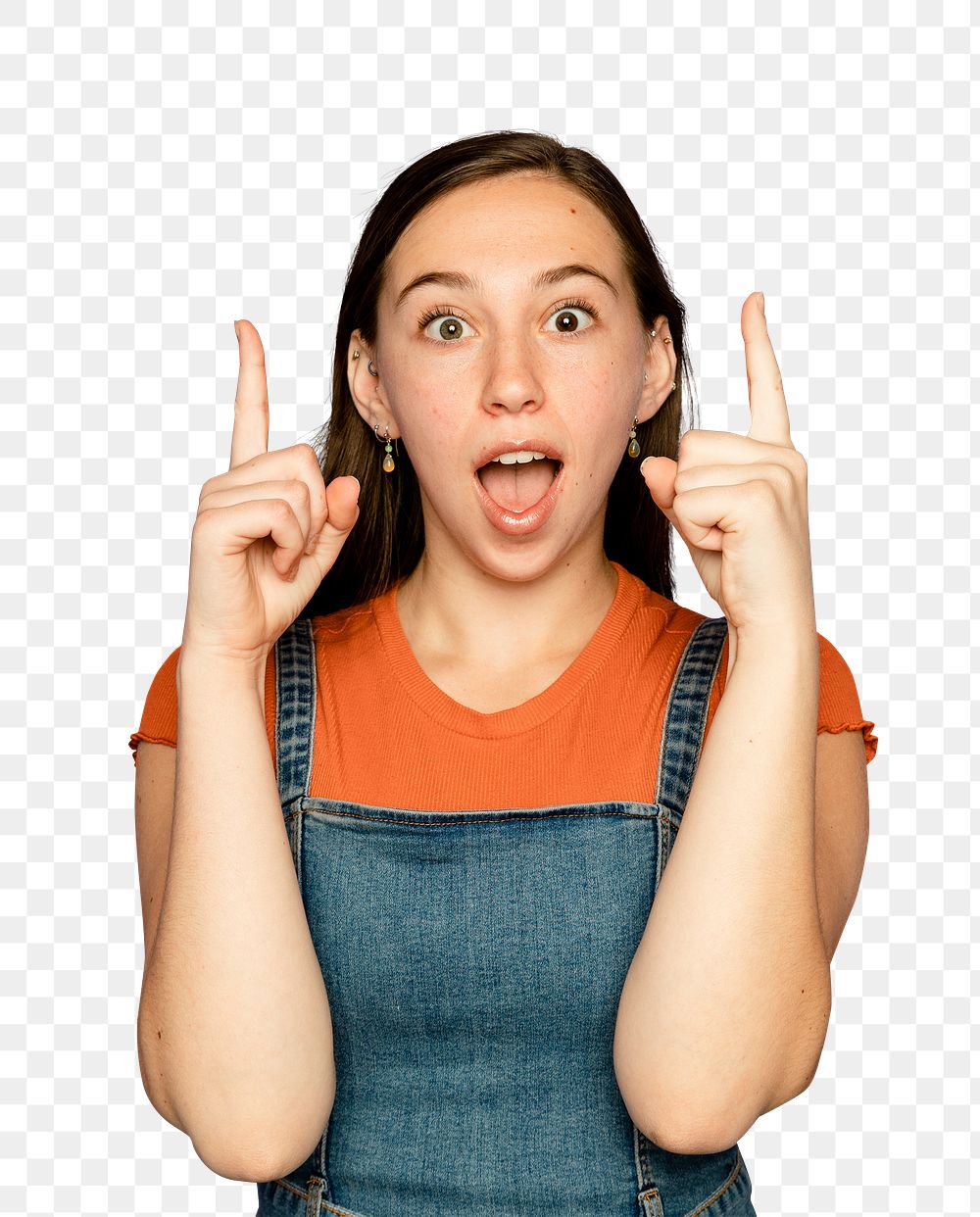 Young woman mockup png pointing up
