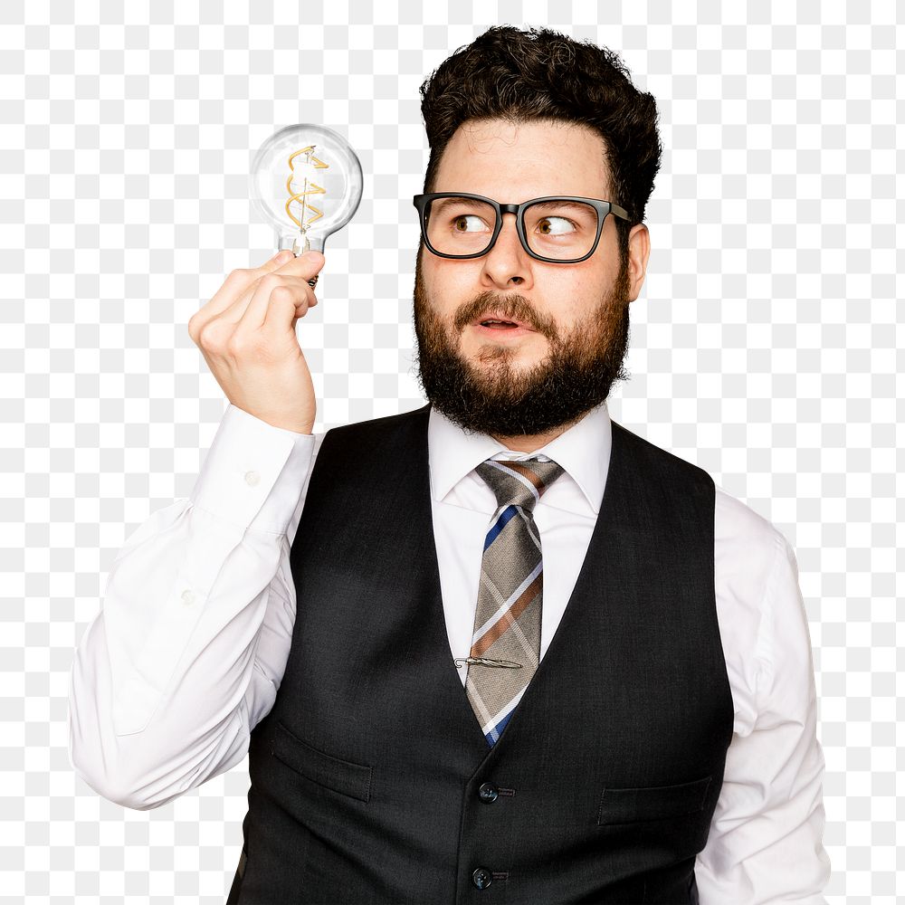 Bearded businessman mockup png holding a light bulb for innovation campaign