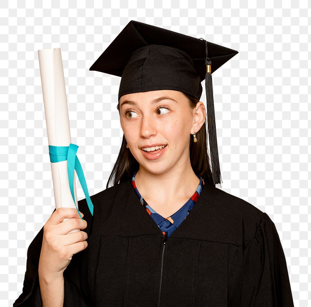 Woman wearing regalia mockup png holding her degree for graduation