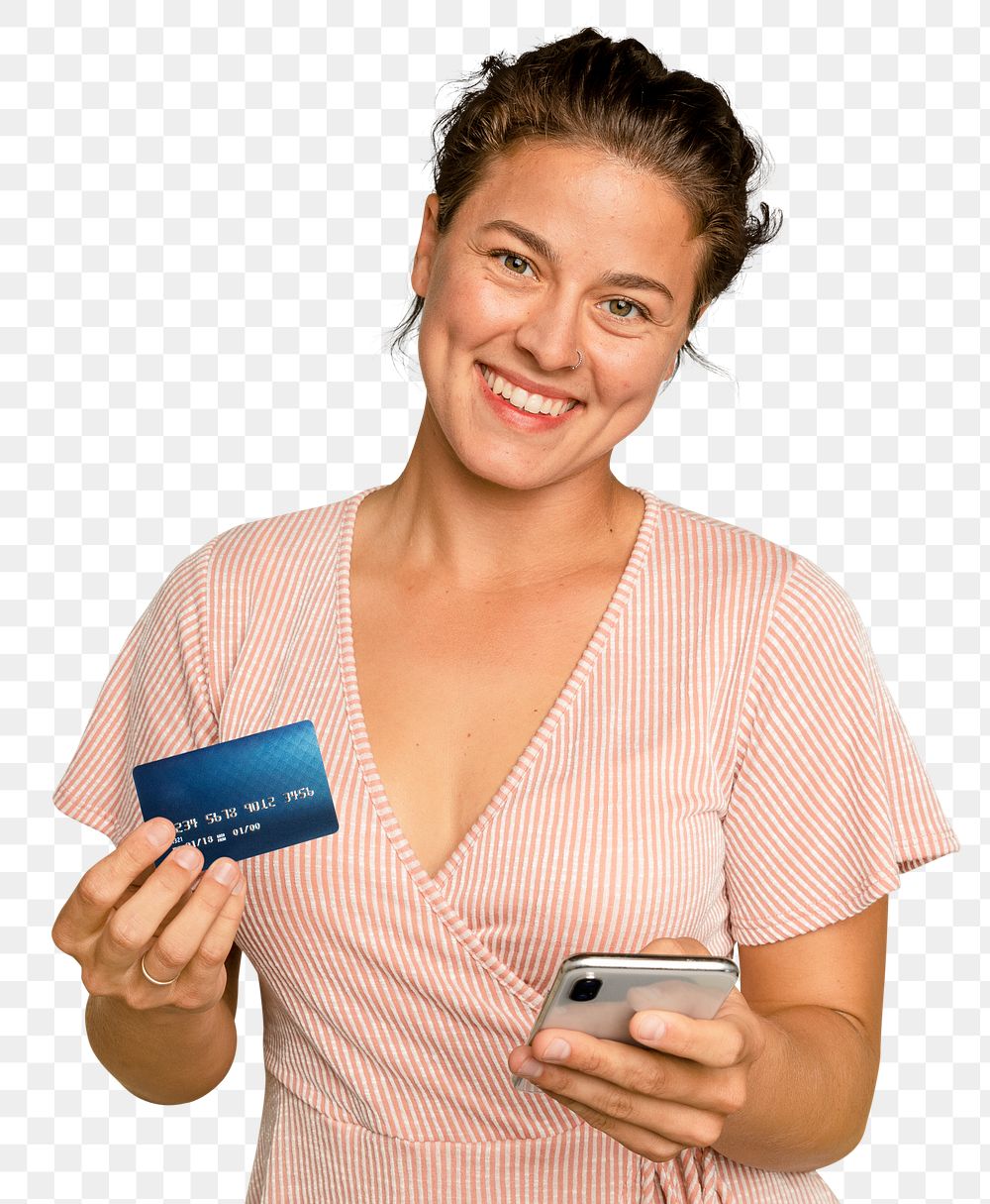 Cheerful shopaholic woman mockup png holding credit card cashless payment