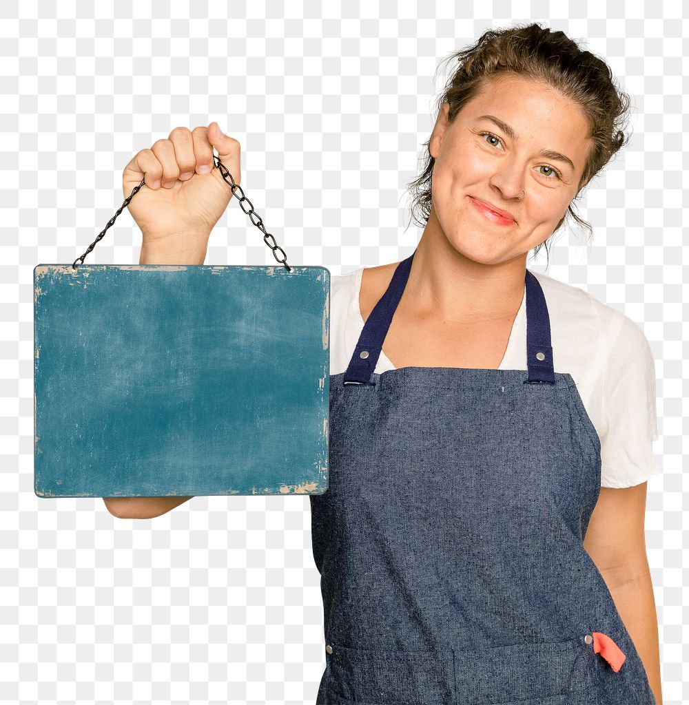 Woman holding chalkboard sign png mockup for cafe