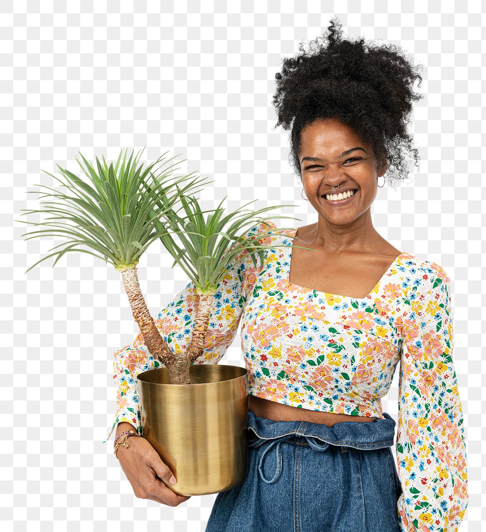 Png plant lady mockup holding potted agave
