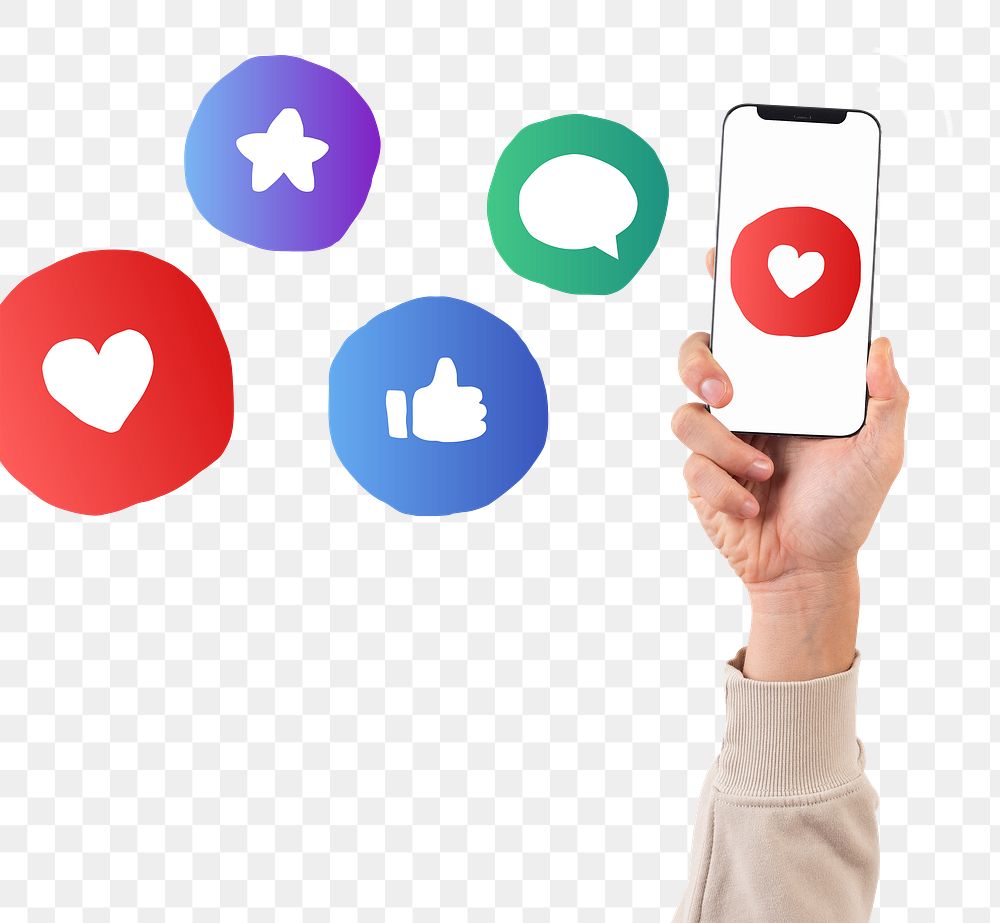 Png Smartphone screen hand mockup with social media icons
