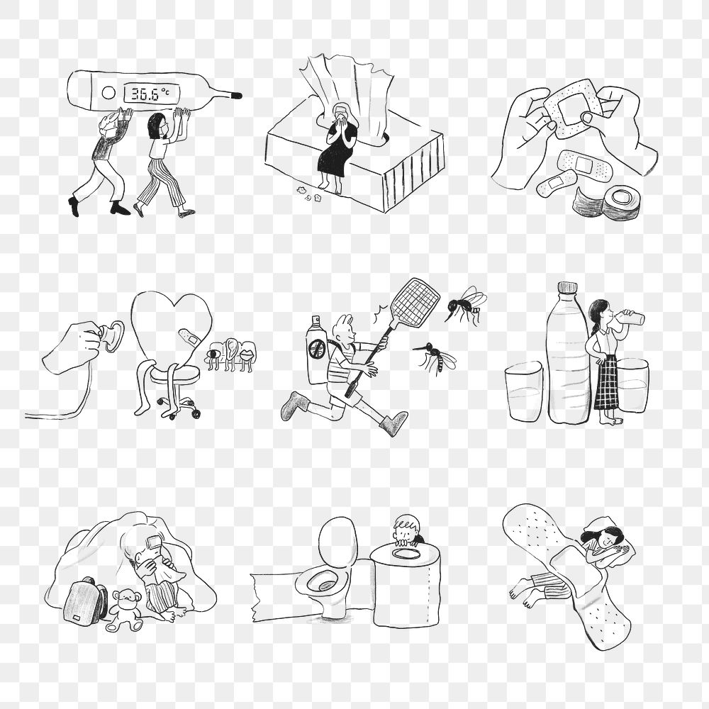 Common illnesses at home png element set healthcare doodle