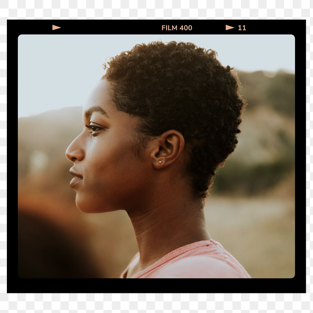 Black woman png portrait, vintage film frame on transparent background