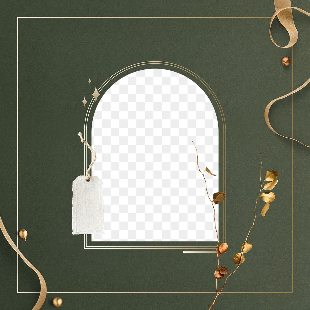 Green festive png background, arch frame with gold ribbon