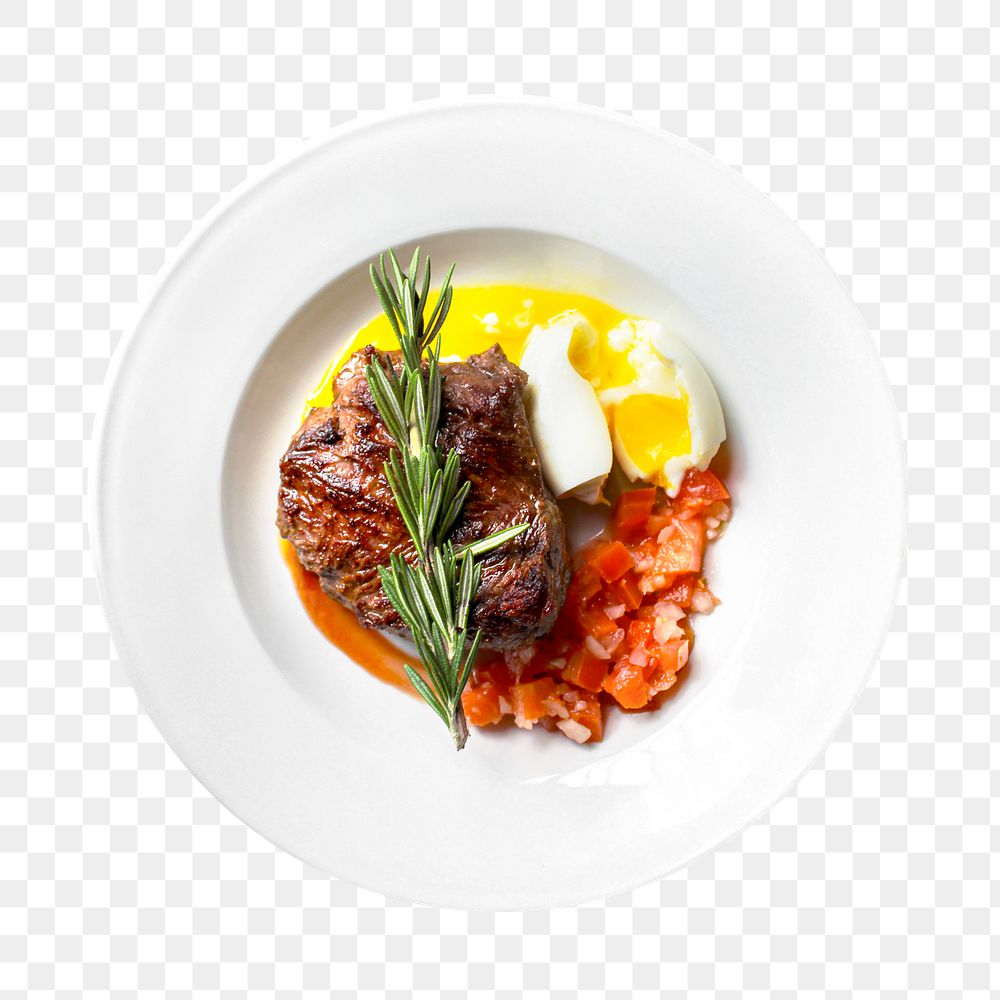 Png steak plate sticker, food photography, transparent background