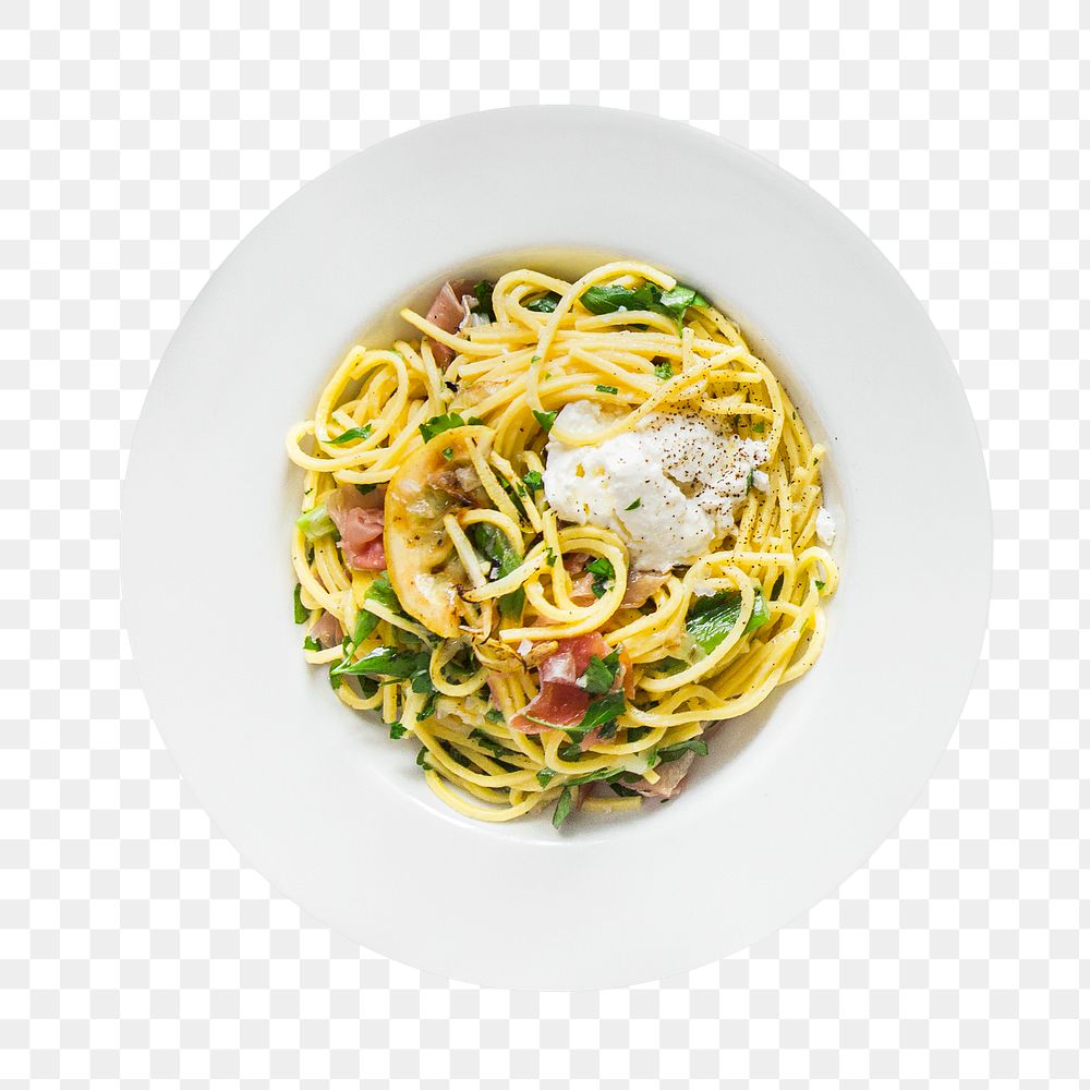 Png spaghetti carbonara sticker, food photography, transparent background
