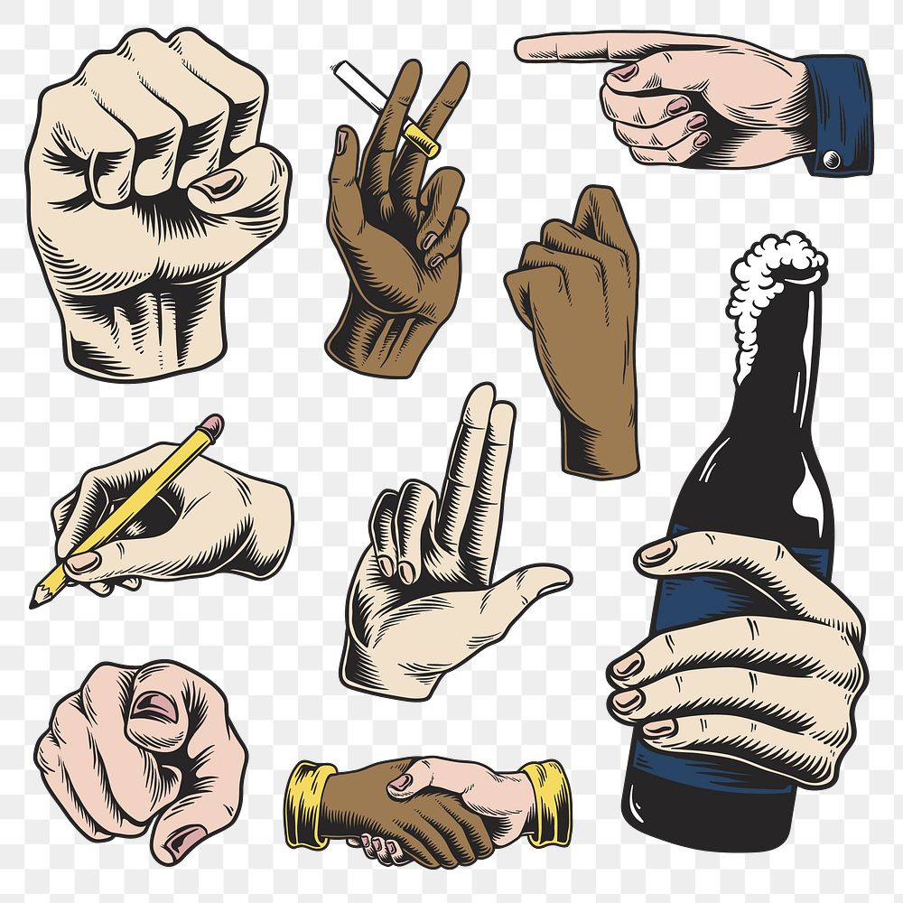 Cool hand gesture sticker design element set