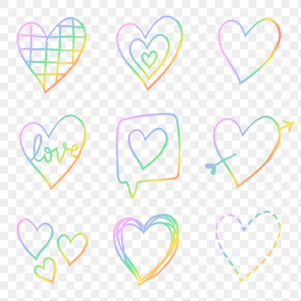 Png rainbow holographic heart element set in hand drawn style