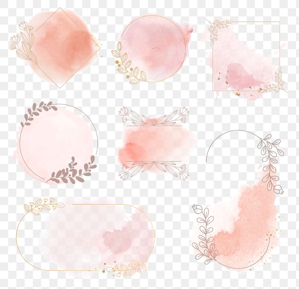 Floral frame png ornament in pink watercolor style set