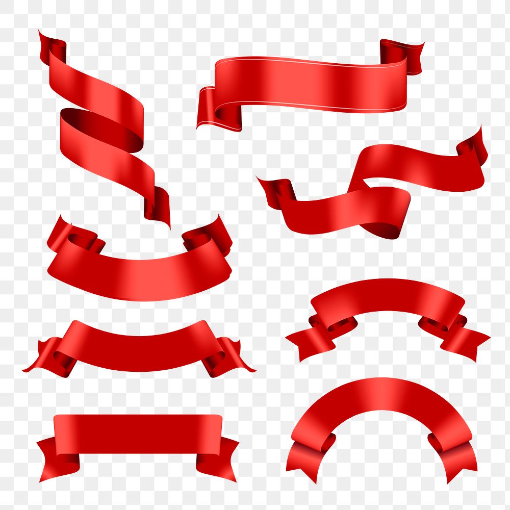 Red Ribbon PNG, transparent label banner clipart set