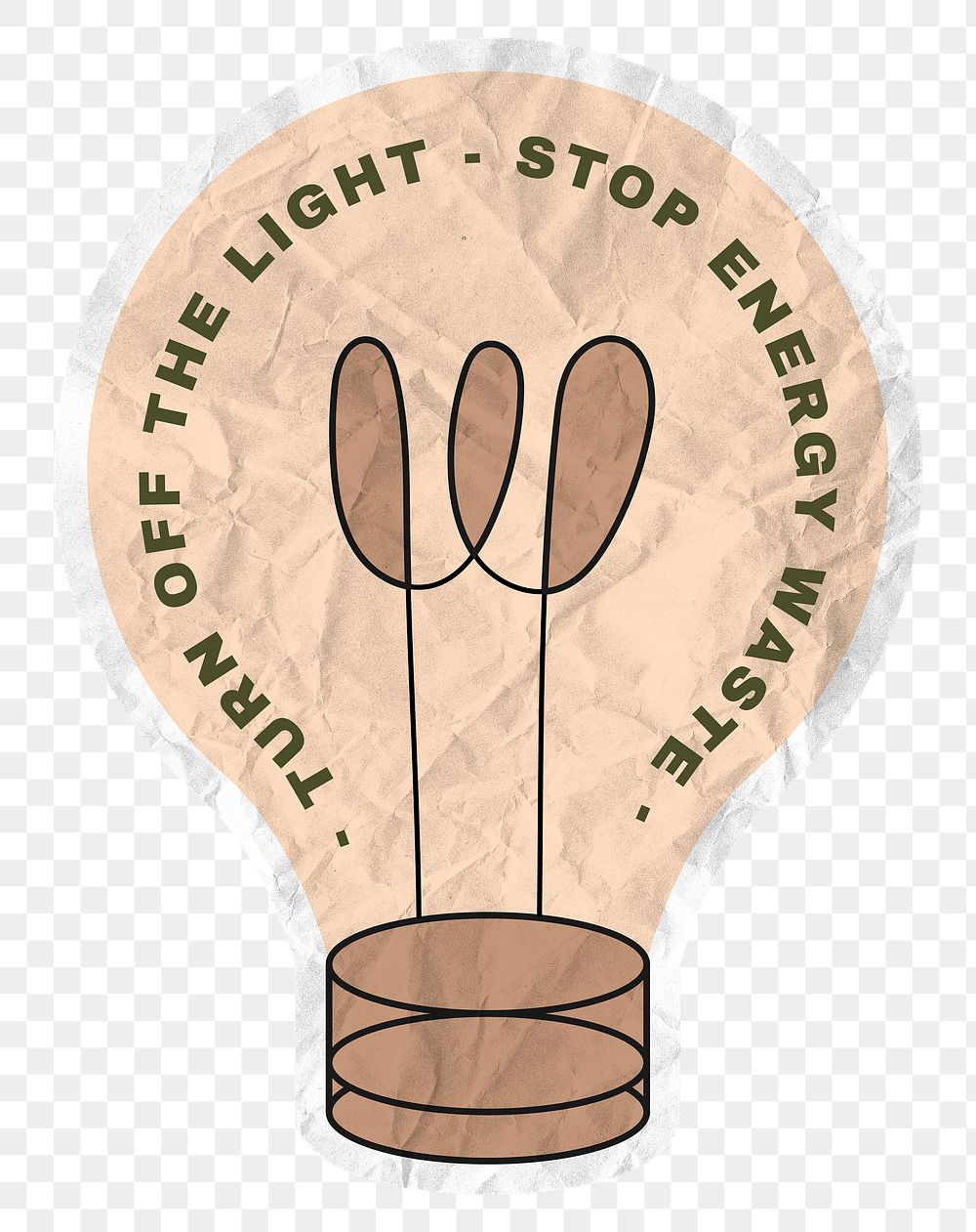 Png sticker save energy with light bulb illustration in crumpled paper texture, turn off the light stop energy waste text