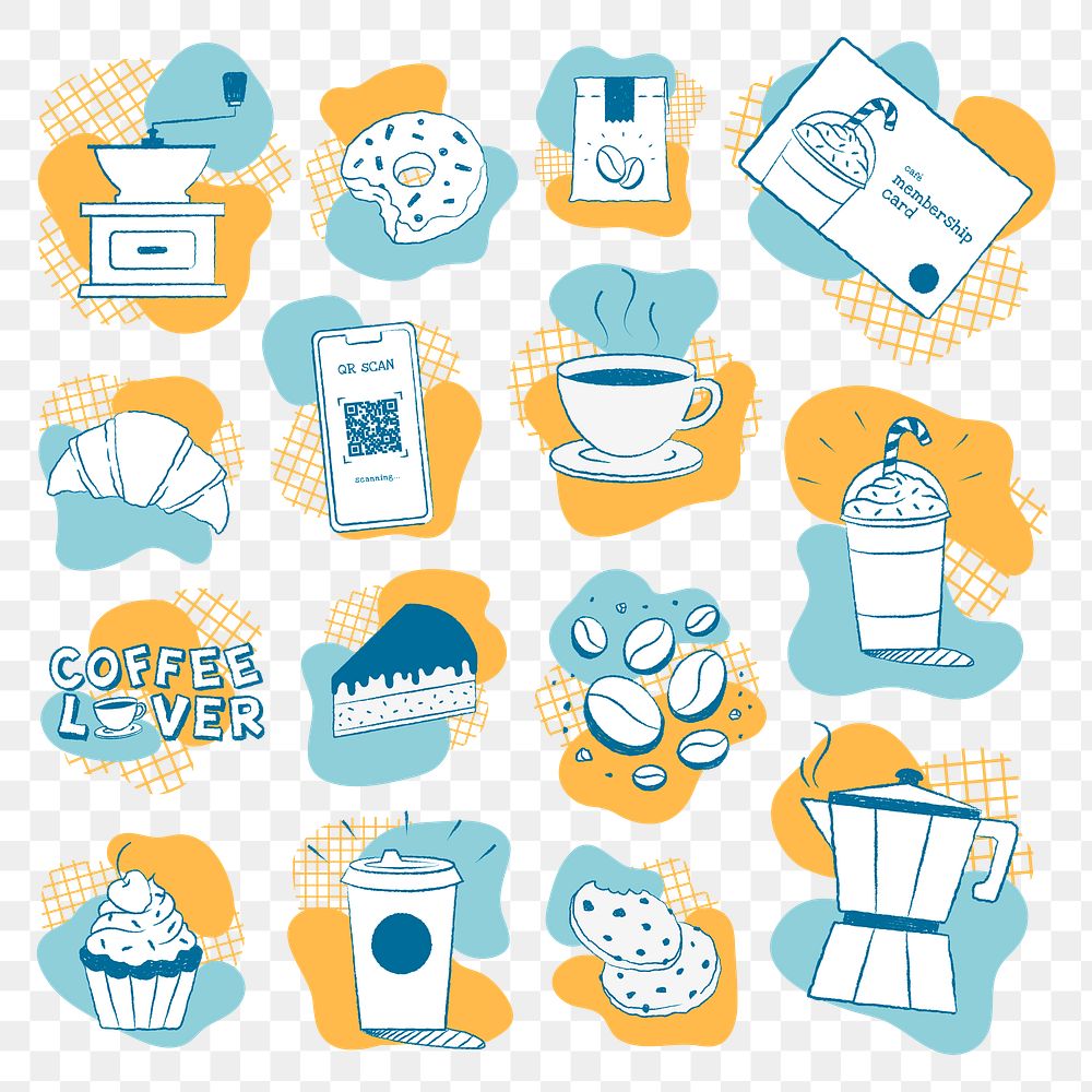 Cafe png sticker set, coffee and cake clipart