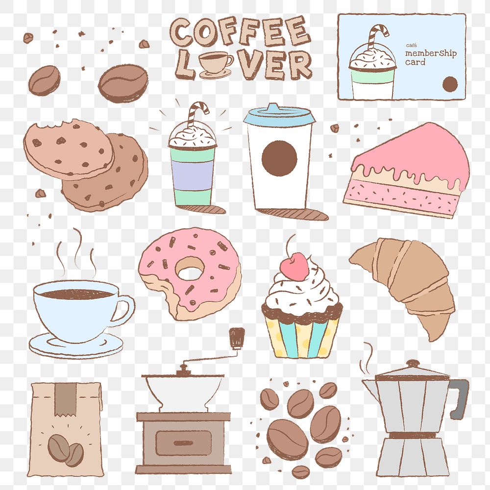 Cafe png sticker set, coffee and cake clipart