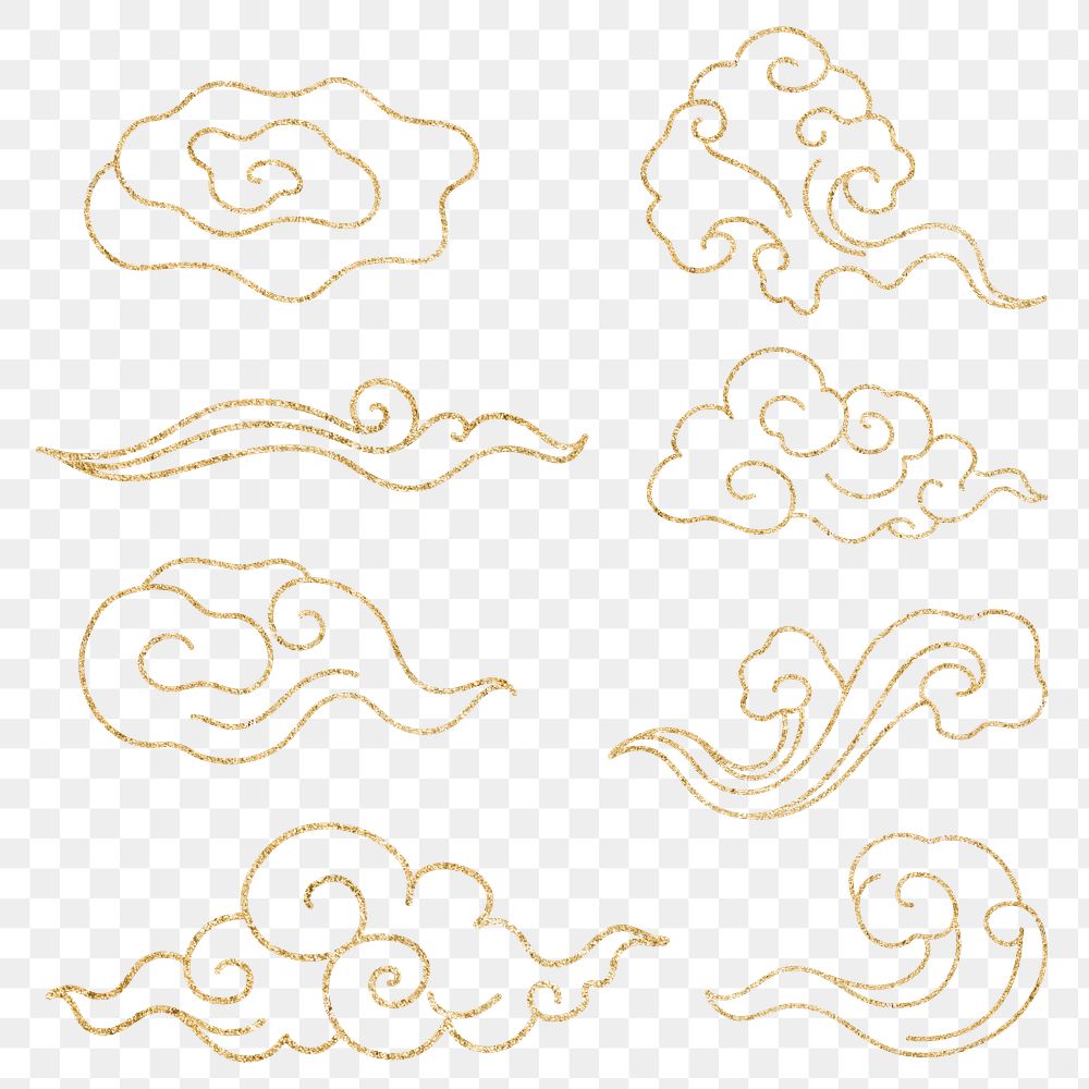 Oriental cloud png sticker, gold Japanese design clipart collection