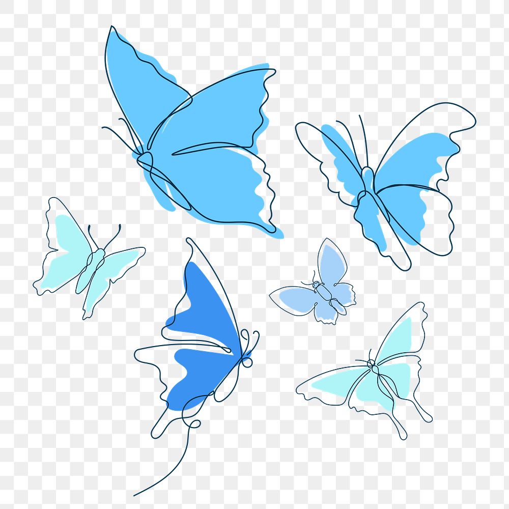 Flying butterfly png sticker, baby blue line art clipart set