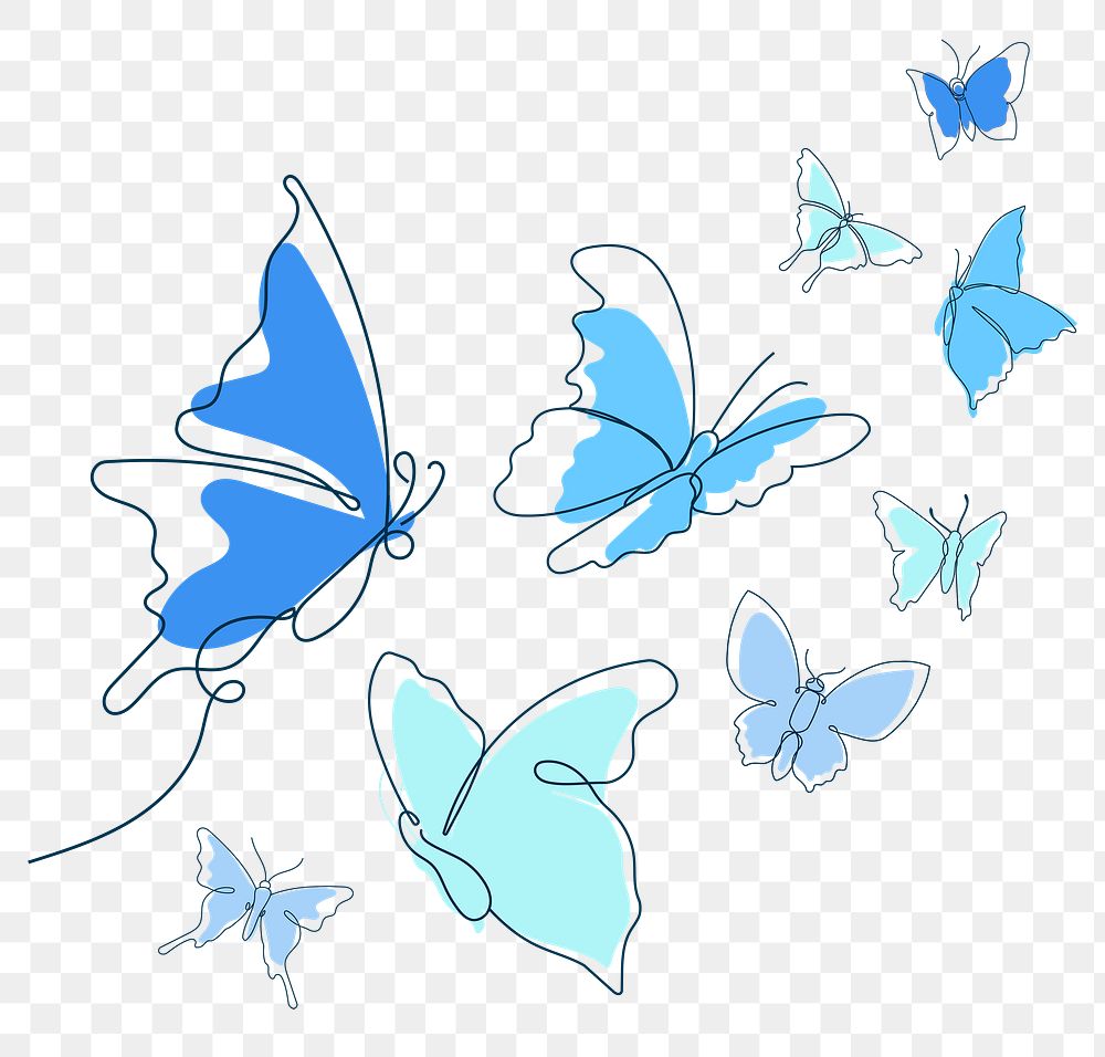 Flying butterfly png sticker, baby blue line art clipart set