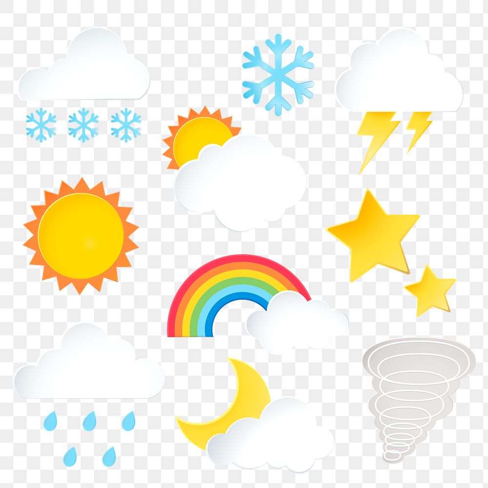 Weather png sticker collage, 3d cute transparent flat clipart collection