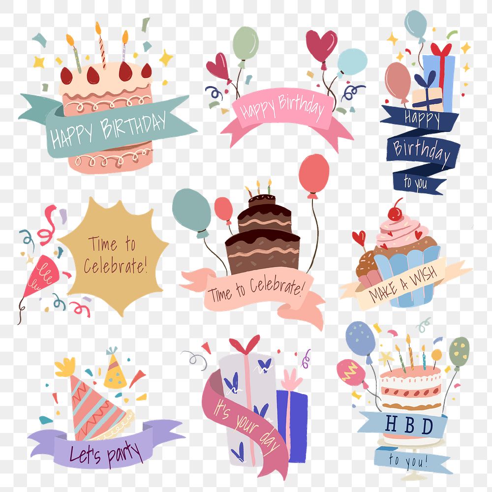 Party sticker png, cute birthday illustrations set