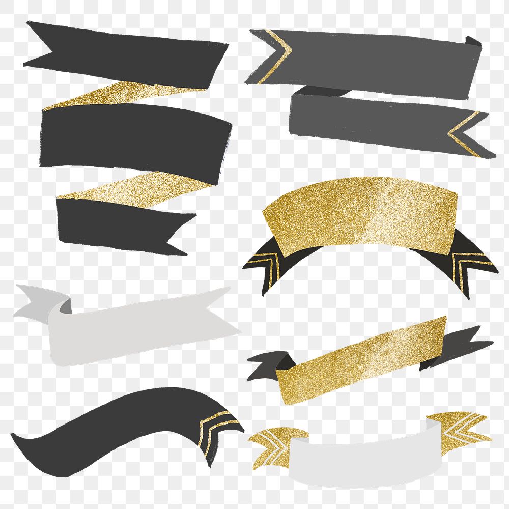 Ribbon banner PNG, aesthetic gold and gray sticker set