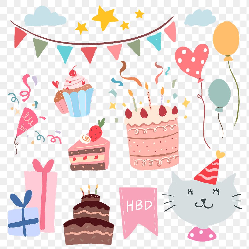 Party png sticker, birthday clipart set