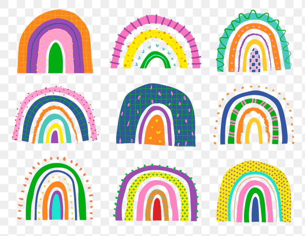 Rainbow PNG sticker in funky doodle style set