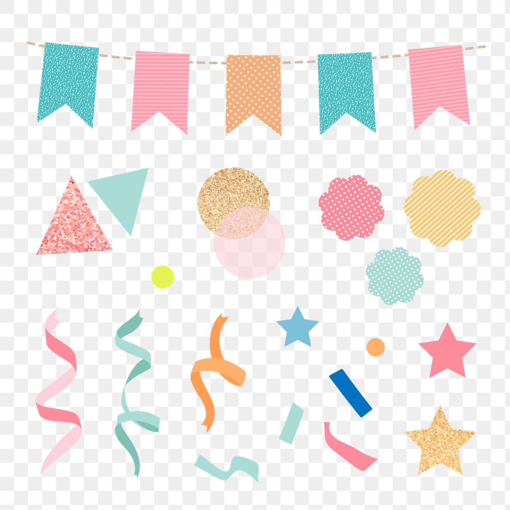 Birthday celebration png sticker, colorful glitter confetti and ribbons clipart set