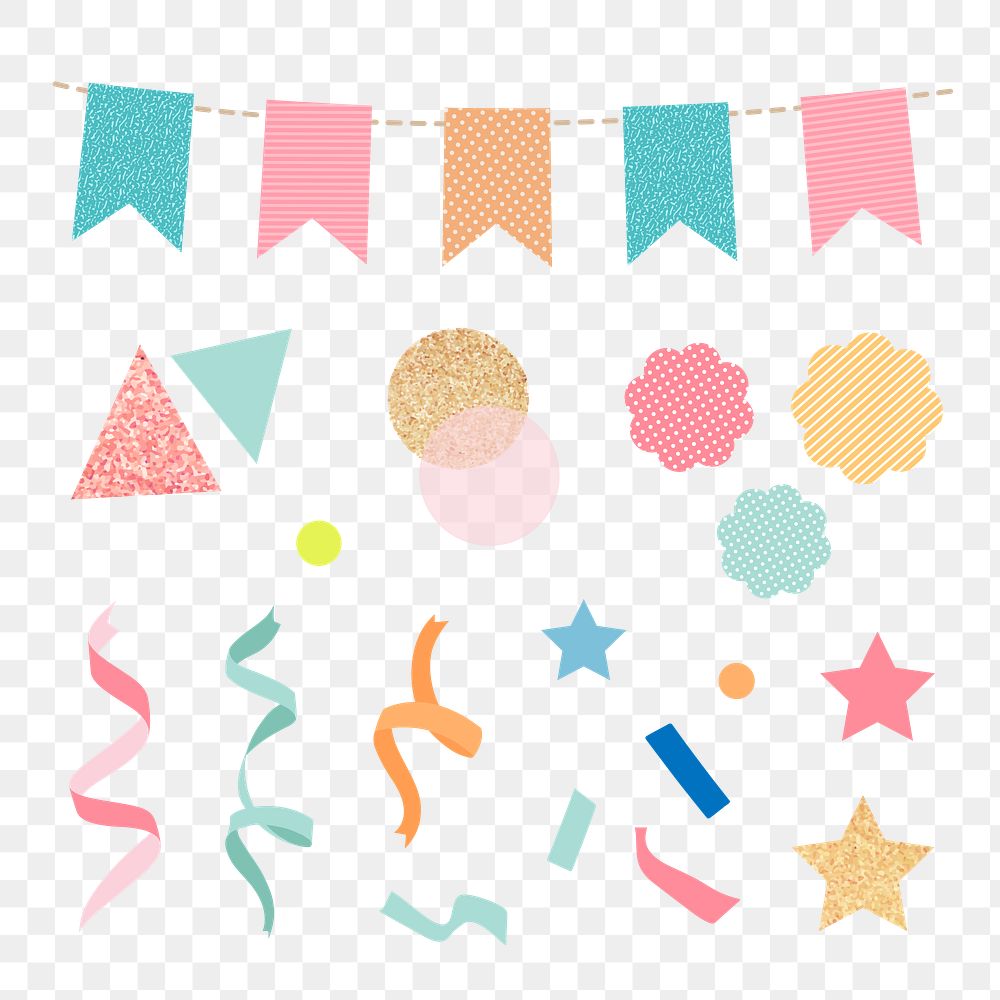 Birthday celebration png sticker, colorful glitter confetti and ribbons clipart set