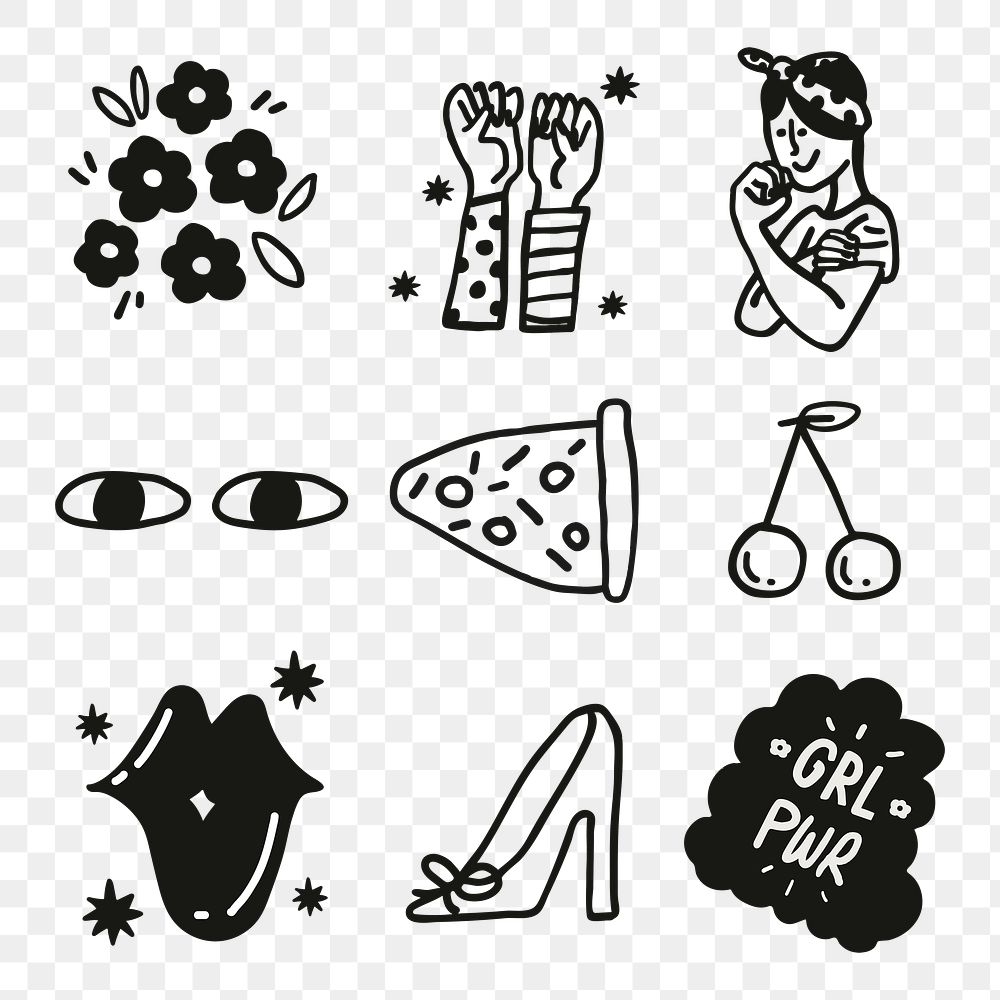 Woman empowerment png sticker pack in minimal black and white line art 
