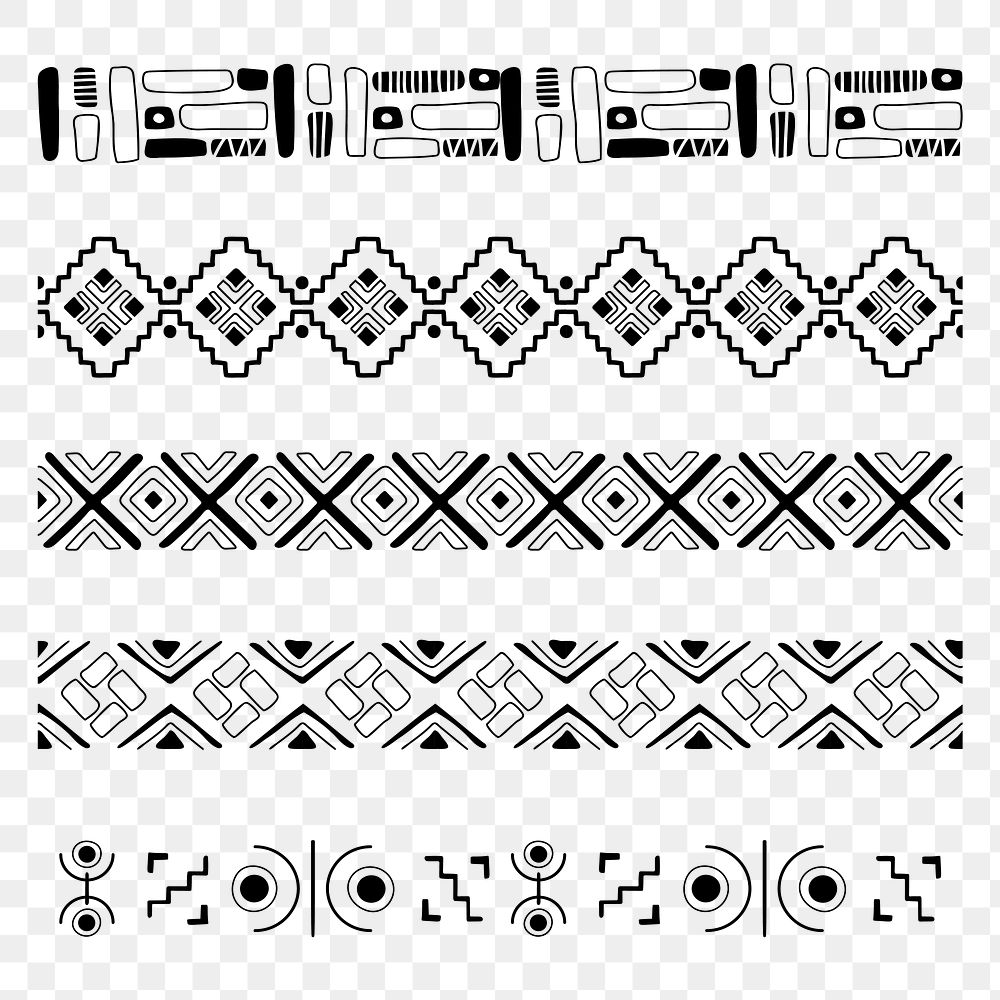 Ethnic border png, doodle sticker, black and white aztec design set
