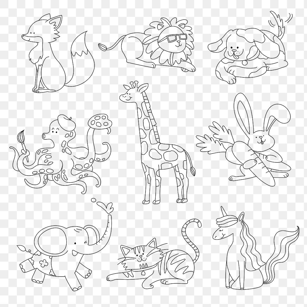 Animal png sticker, kids coloring set, printable transparent design for children's art project