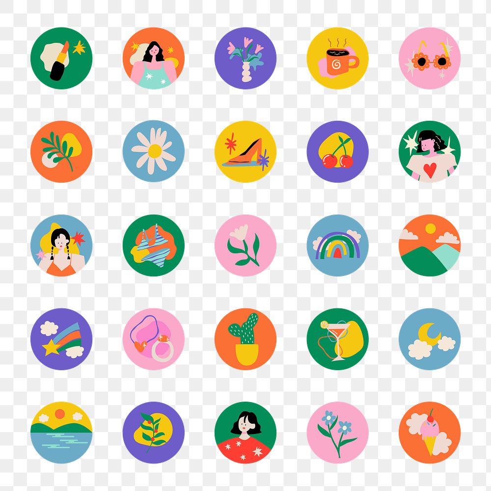 Instagram highlight icon png, lifestyle illustration in colorful retro design set