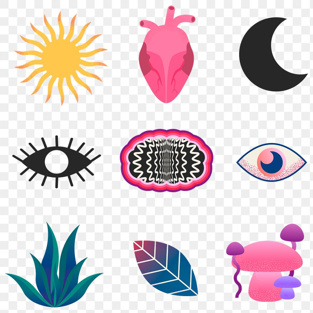 Surreal shape png stickers, psychedelic collage elements on transparent background