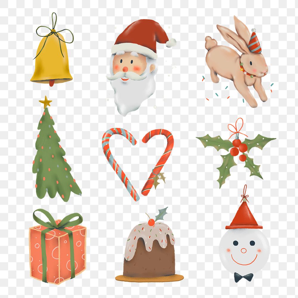 Christmas sticker png, cute winter doodle illustration set