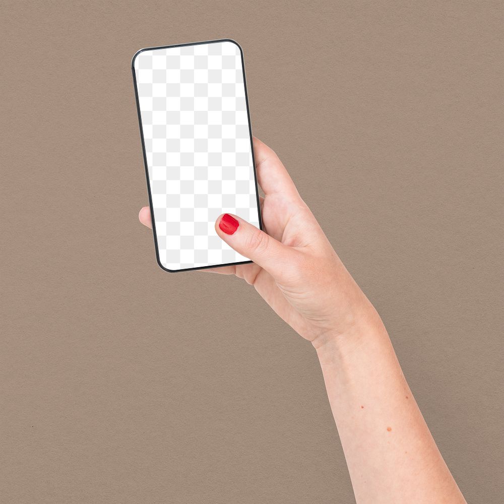 Phone mockup png, transparent screen, held by hand