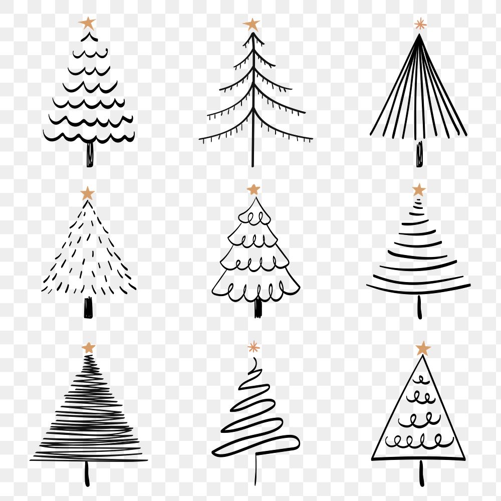 Christmas doodle png sticker, cute tree and animal illustration in black set