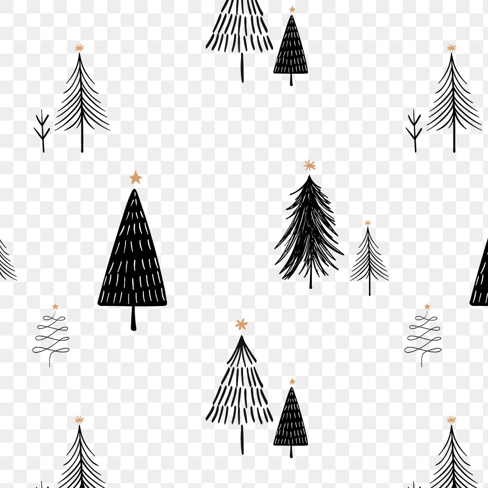 Christmas tree png background, festive pattern in doodle black design