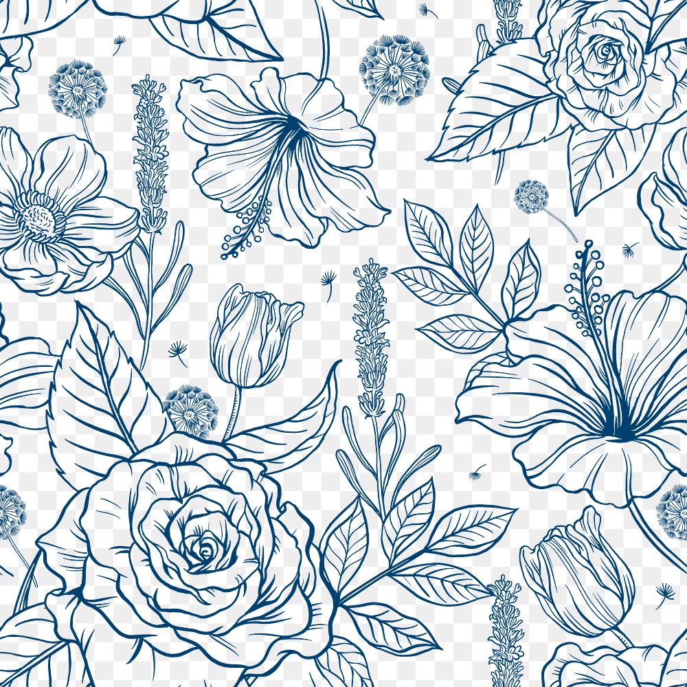 Vintage rose png transparent background, blue pattern, botanical illustration