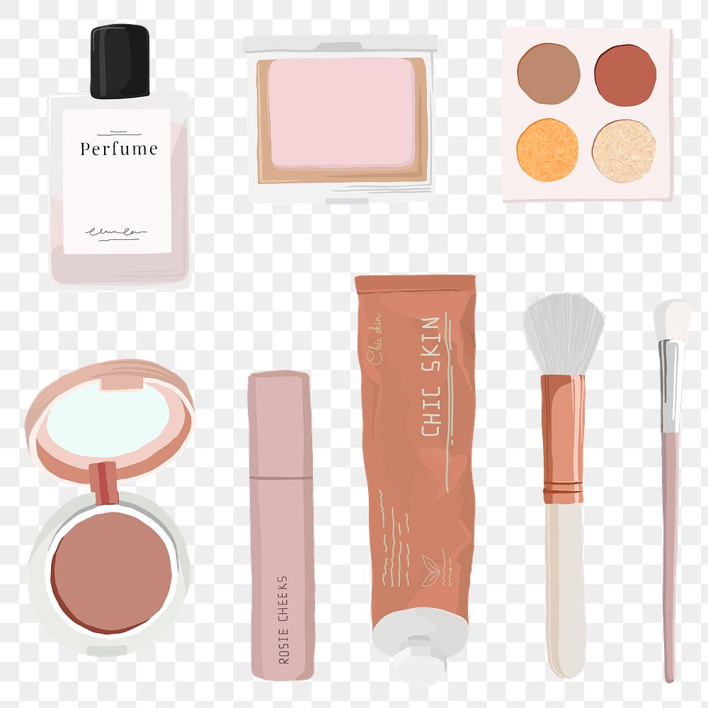 Makeup set png sticker, beauty products illustration collection