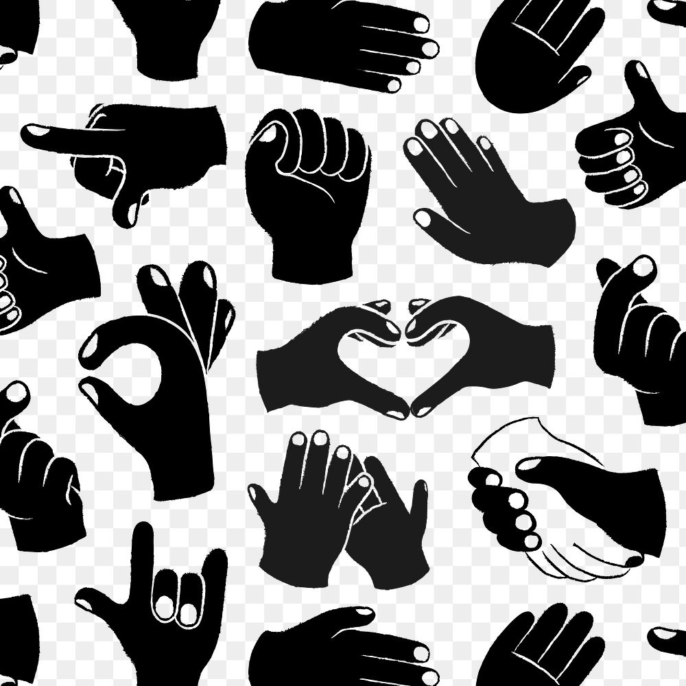 Hand doodle png transparent background, cute gesture pattern in black