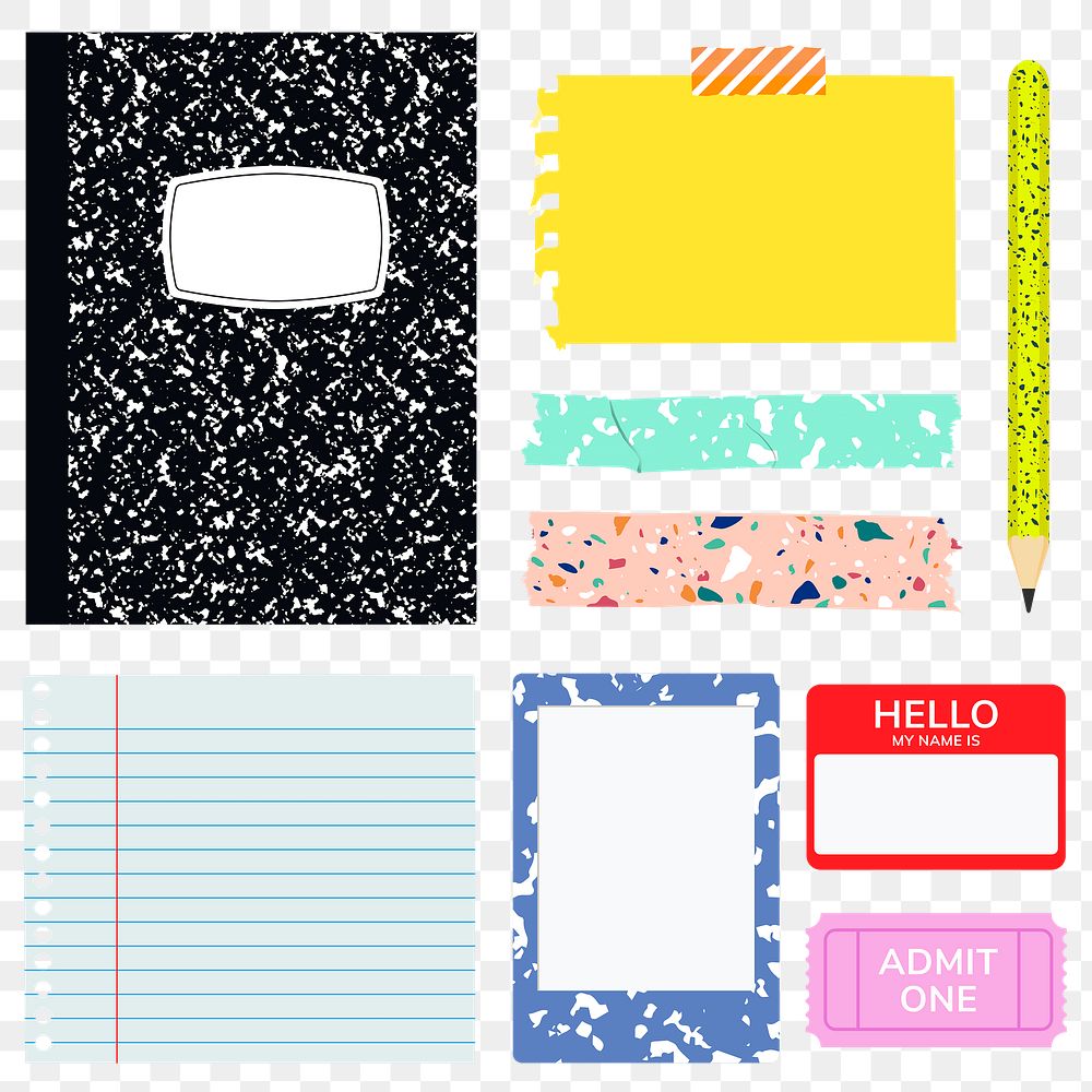 Terrazzo stationery png set with sticker notes and pencil