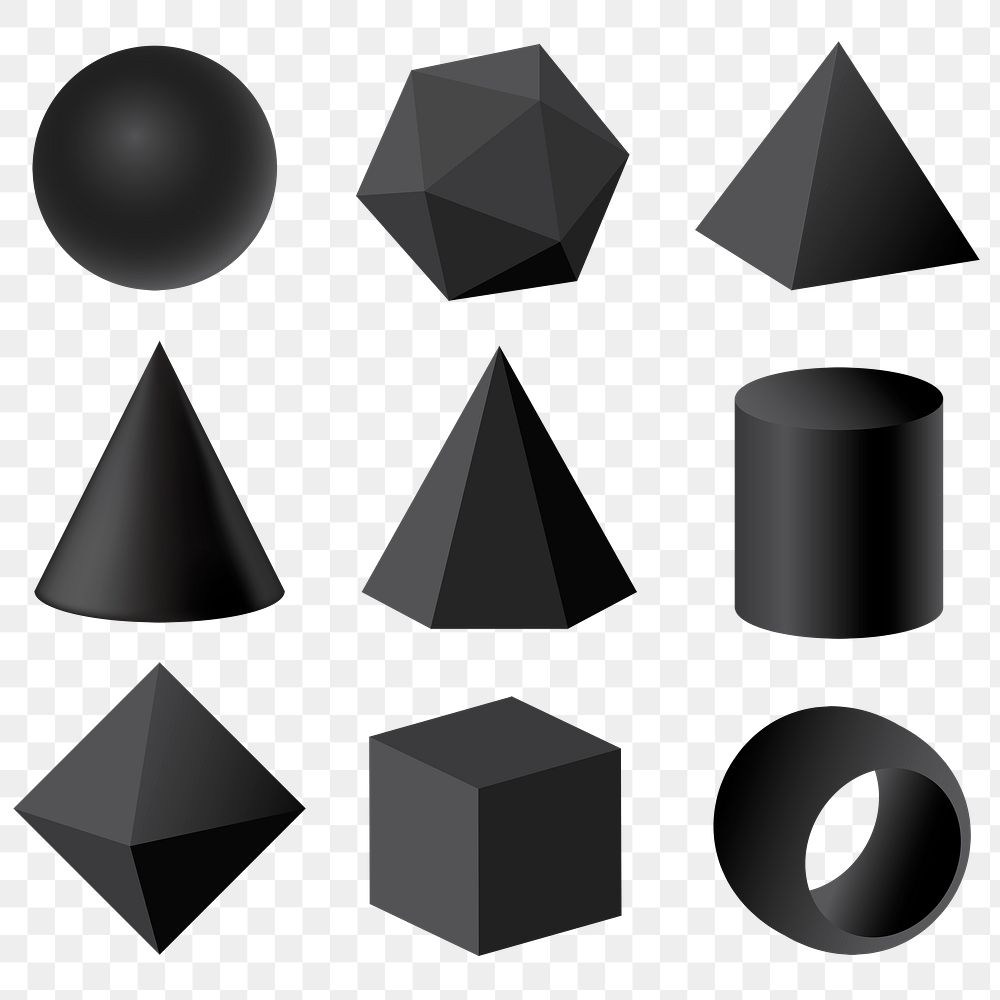 Geometrical shapes png, 3D rendered in black elements set on transparent background