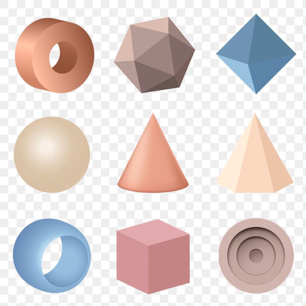 Geometrical shapes png, 3D rendered in pastel elements set on transparent background