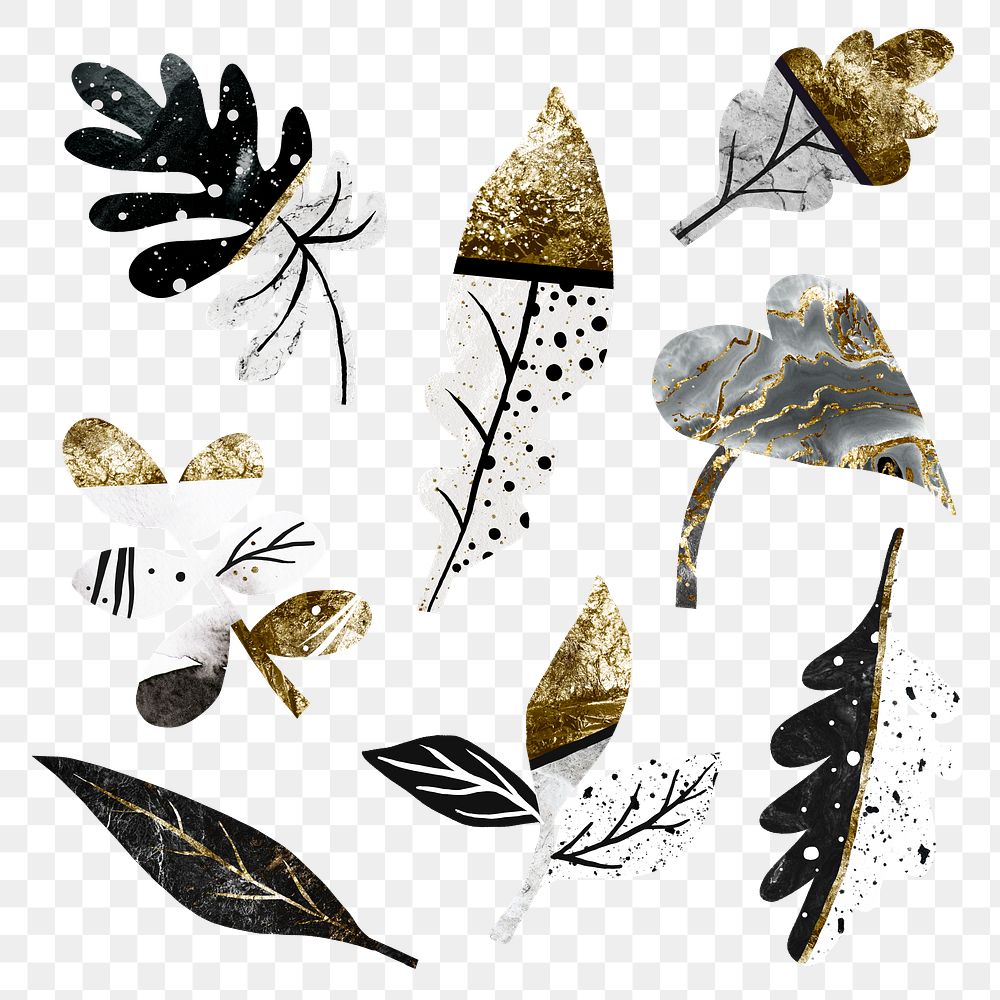 Aesthetic leaf png nature sticker, golden abstract design set on transparent background