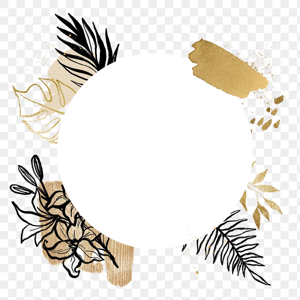 Leaf badge png, floral line art with golden watercolor brushstrokes illustration on transparent background