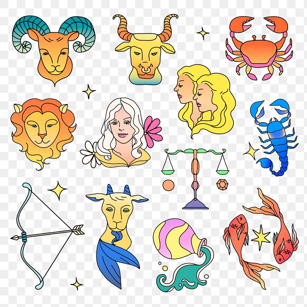 Png horoscope signs, colorful collage element set, transparent background
